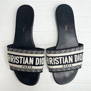 Christian Dior Dway Slide Leather Sandals Black White Embroidered Logo Flats 36